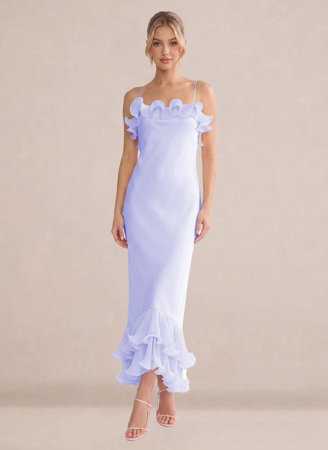 Ruffles Chiffon Layer Midi Formal Wedding Guest Dresses