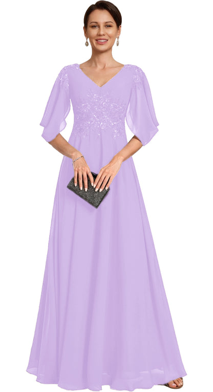 V Neck Chiffon A Line Sequin Lace Dress