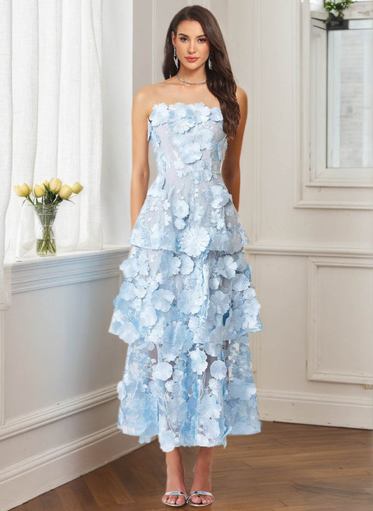 Women's Light Blue Floral Appliqued A Line Formal Wedding Guest Dress 1
