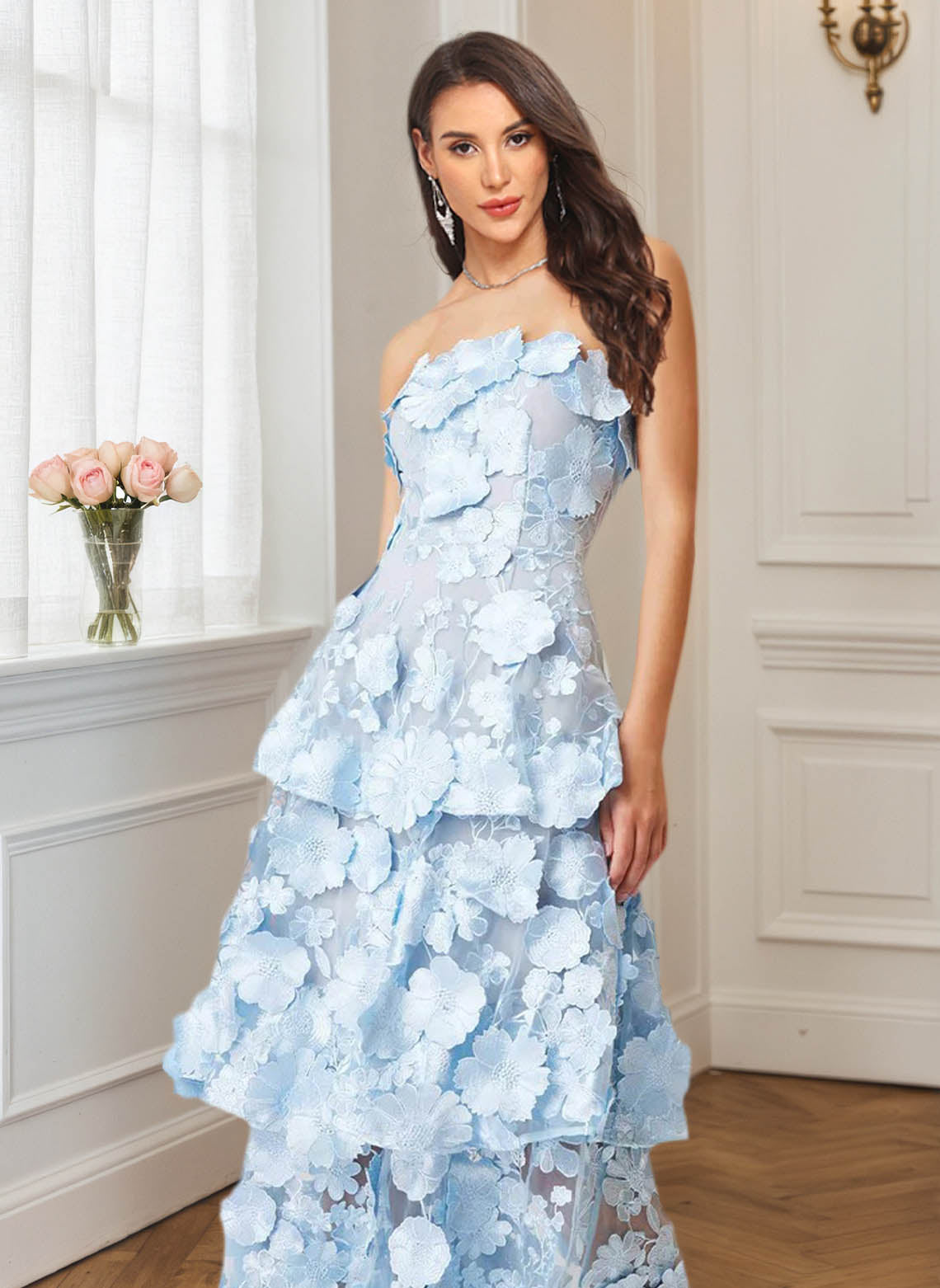 Women's Light Blue Floral Appliqued A Line Formal Wedding Guest Dress 4