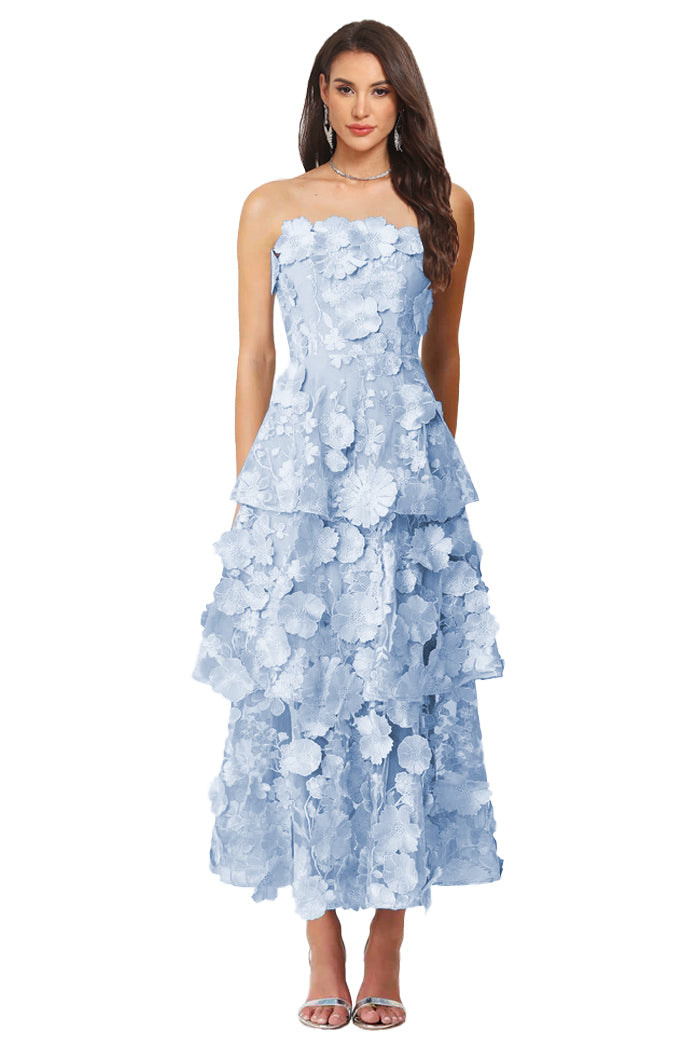 Floral Appliqued Tea Length Formal Wedding Guest Dress