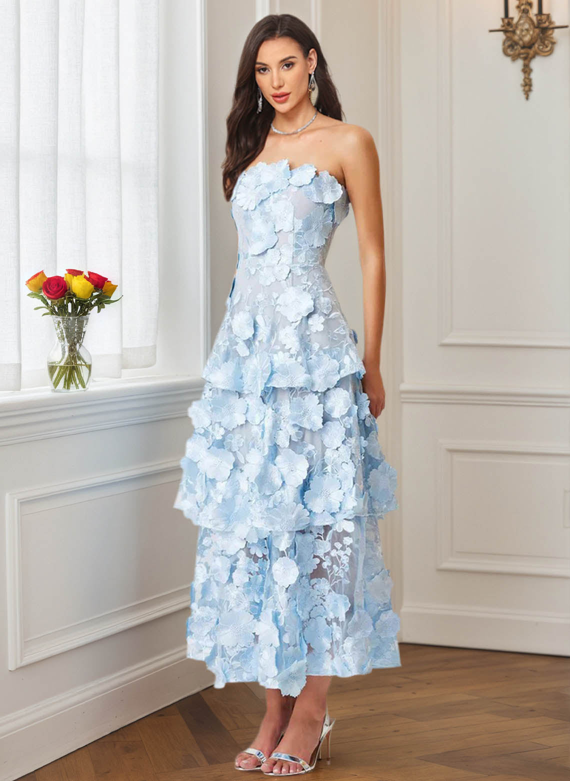 Women's Light Blue Floral Appliqued A Line Formal Wedding Guest Dress 3