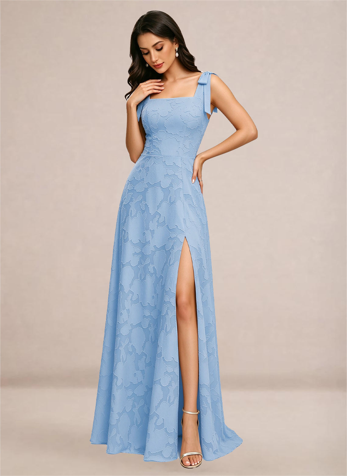 Women's Chiffon A Line Floral Bridesmaid Dress with Slit Light Blue 3