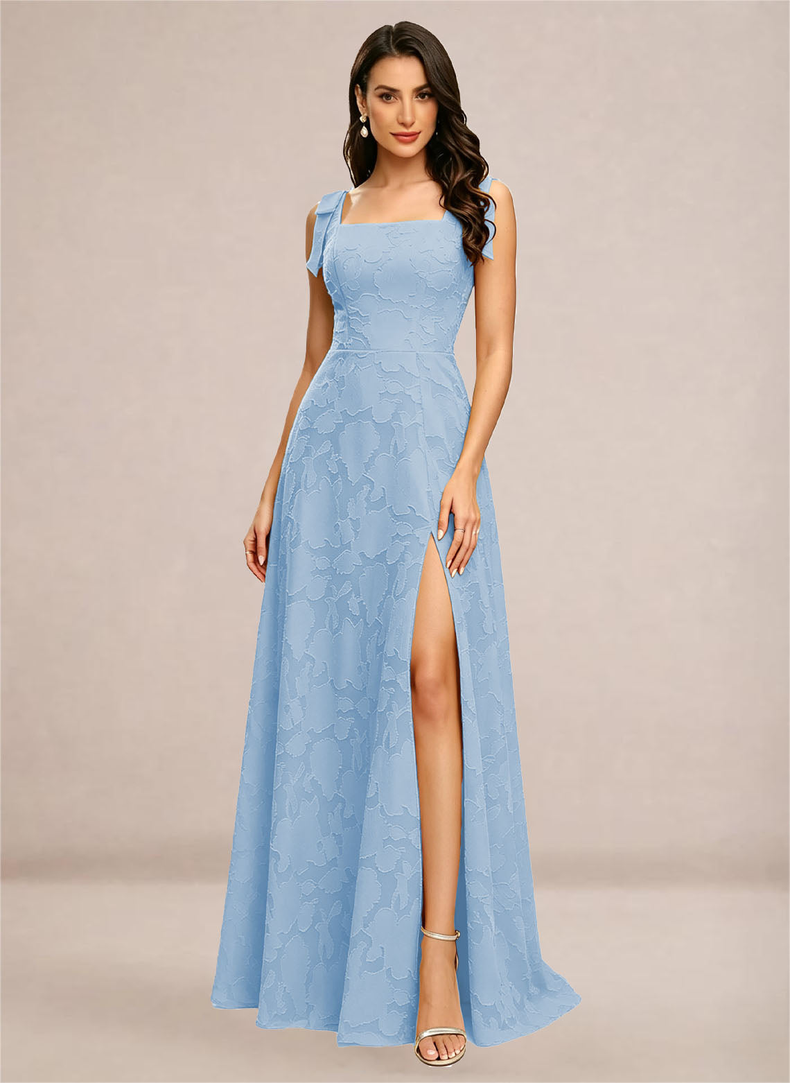 Women's Chiffon A Line Floral Bridesmaid Dress with Slit Light Blue 1