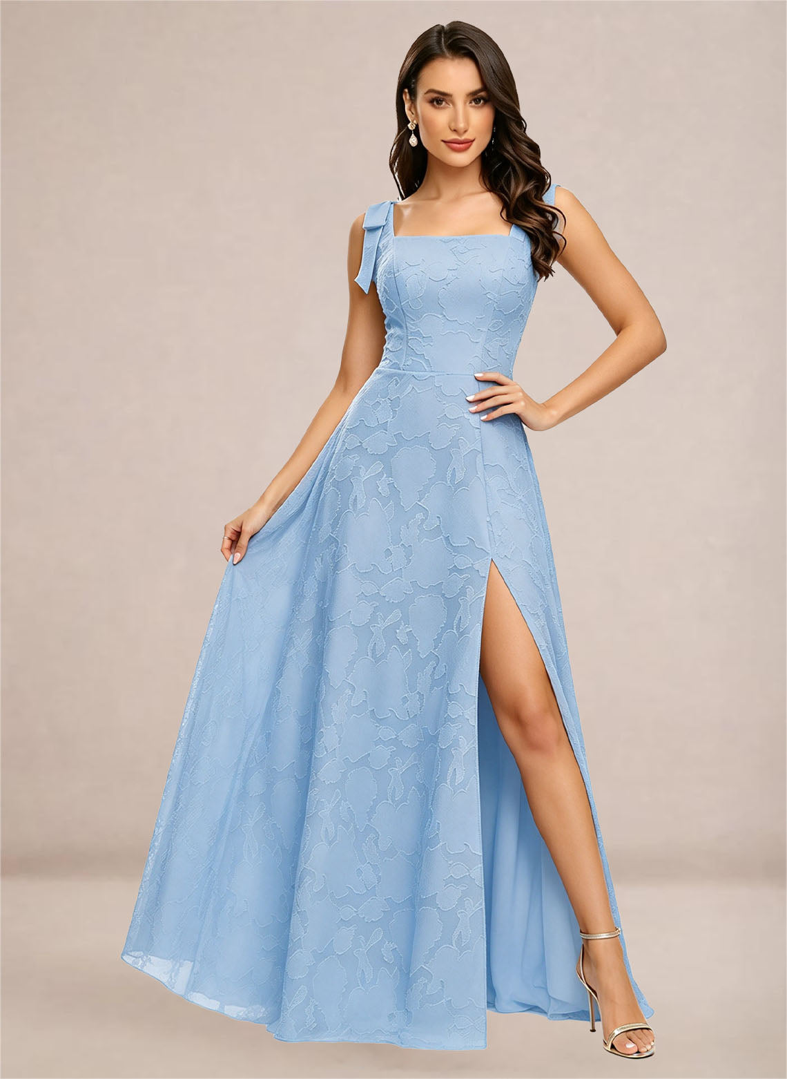 Women's Chiffon A Line Floral Bridesmaid Dress with Slit Light Blue 4
