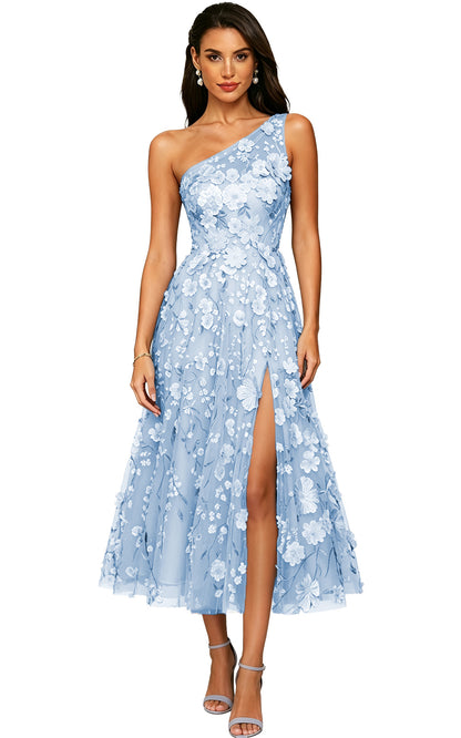 Floral Appliqued One Shoulder Long Formal Dress