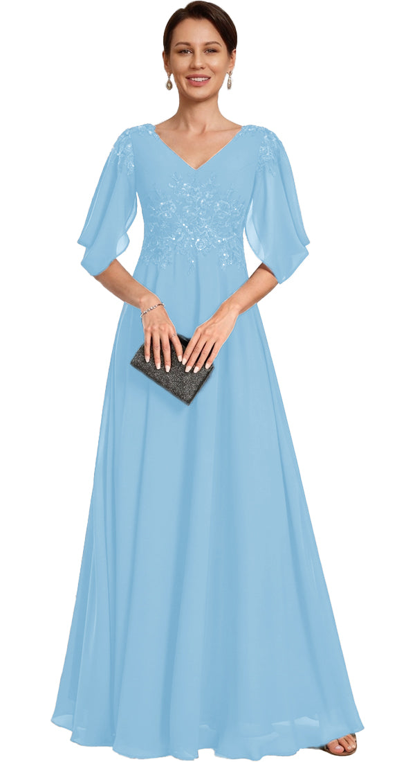 V Neck Chiffon A Line Sequin Lace Dress