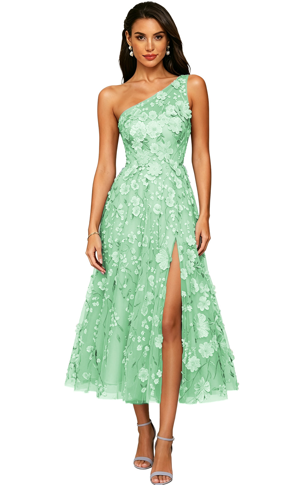 Floral Appliqued One Shoulder Long Formal Dress