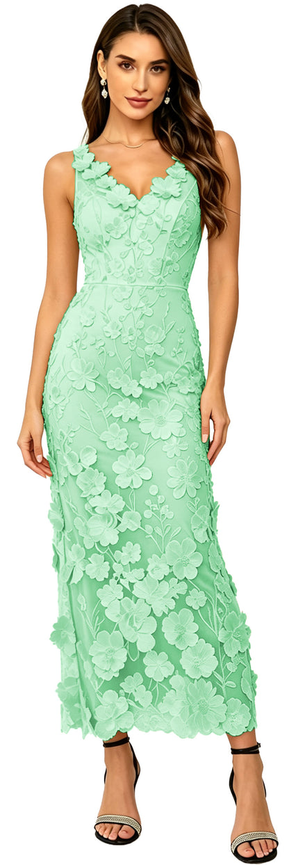 Floral Appliqued V Neck Long Formal Dress