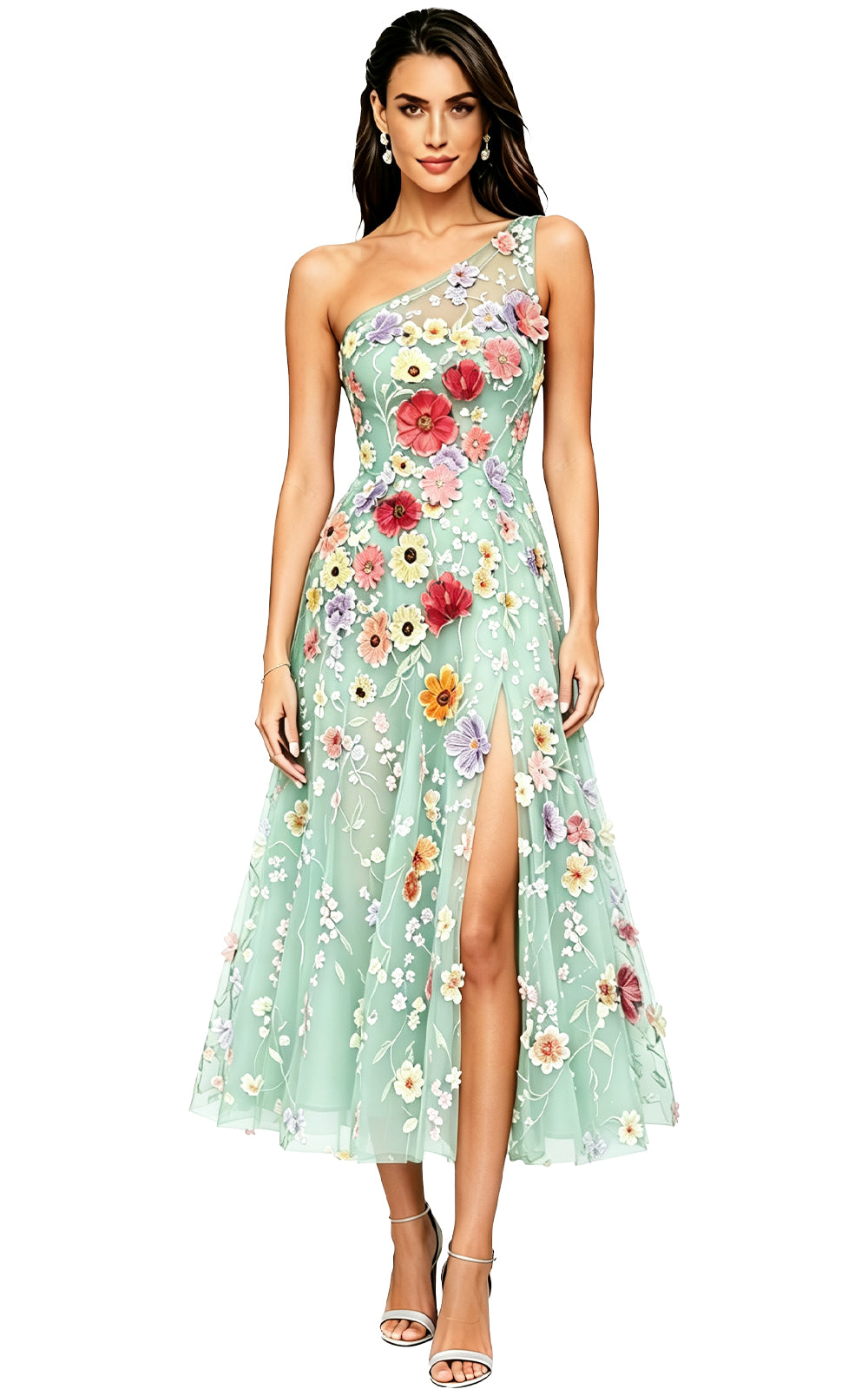 Floral Appliqued One Shoulder Long Formal Dress