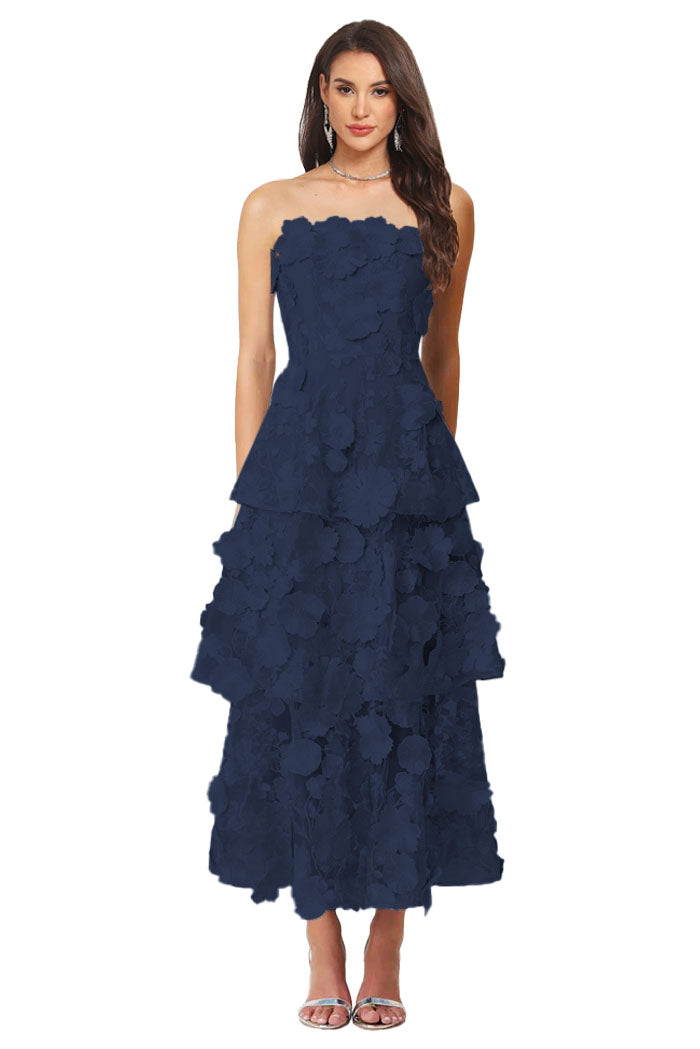 Floral Appliqued Tea Length Formal Wedding Guest Dress