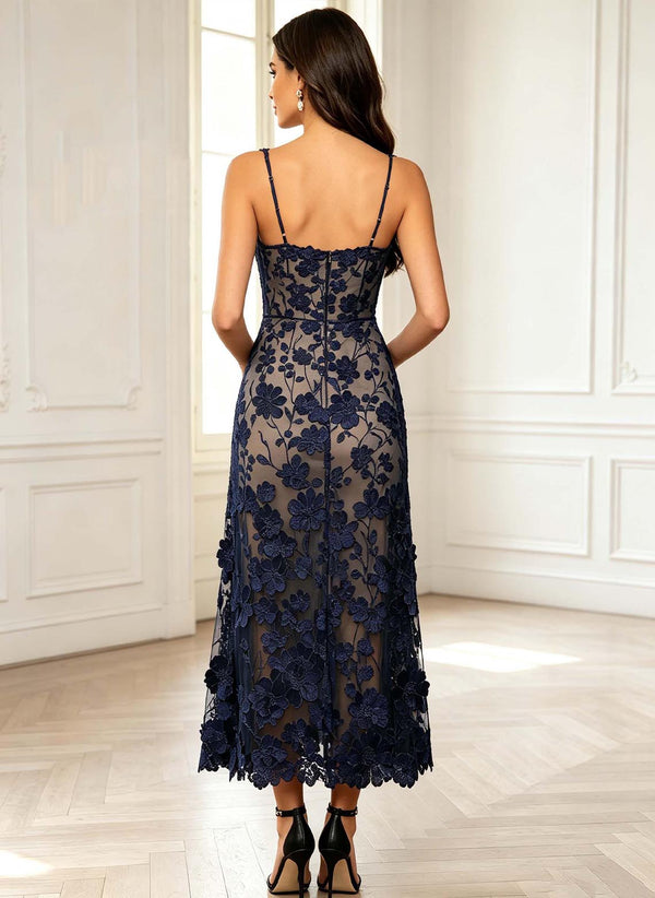 Women's Navy Floral Appliqued Backless Long Formal Dress  2