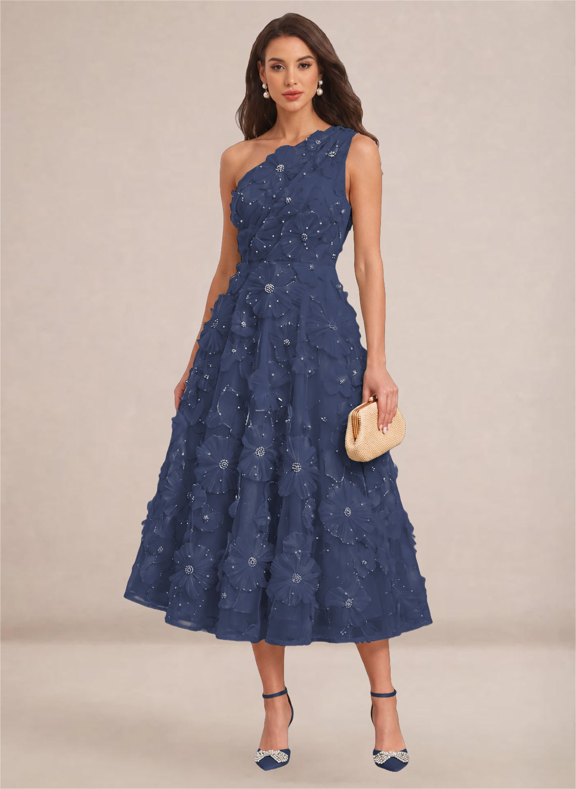 Floral One Shoulder A-line Midi Formal Wedding Guest Dresses