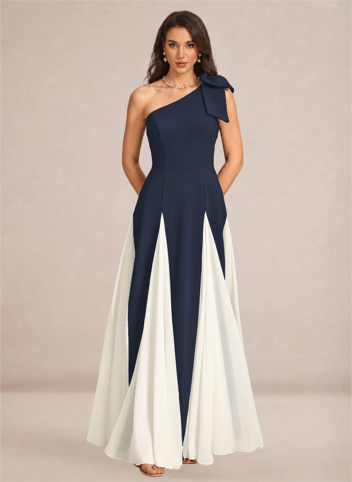 Satin One Shoulder A-line Patchwork Maxi Dress