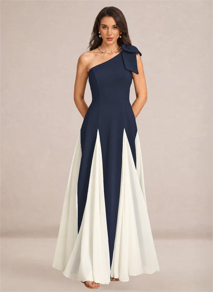 Satin One Shoulder A-line Patchwork Maxi Dress
