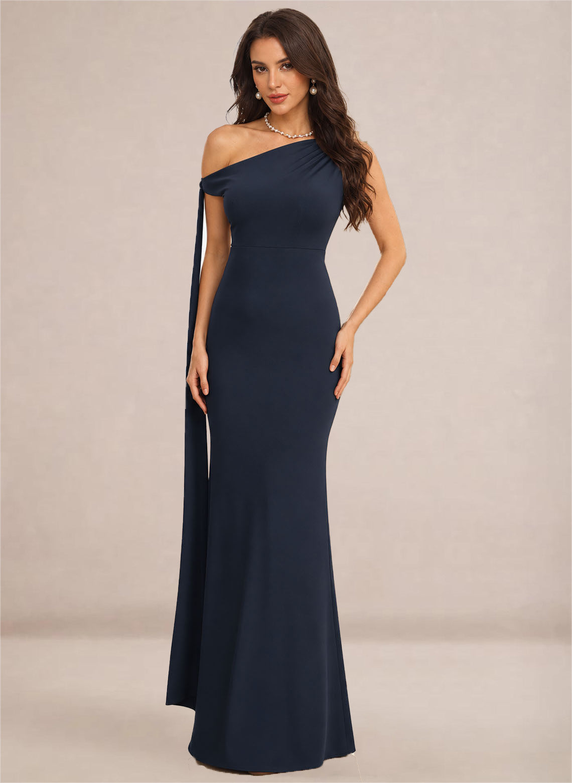 Navy One Shoulder Sheath Stretch Satin Bridesmaid Dresses for Wedding 1