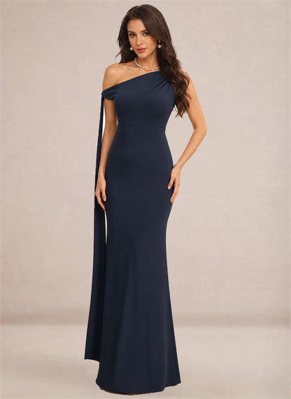 Navy One Shoulder Sheath Stretch Satin Bridesmaid Dresses for Wedding 1