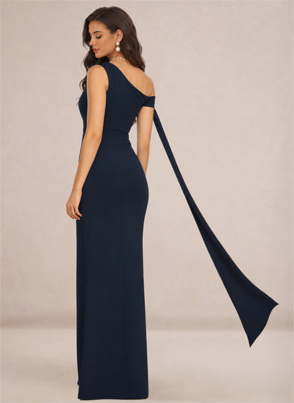 Navy One Shoulder Sheath Stretch Satin Bridesmaid Dresses for Wedding 2