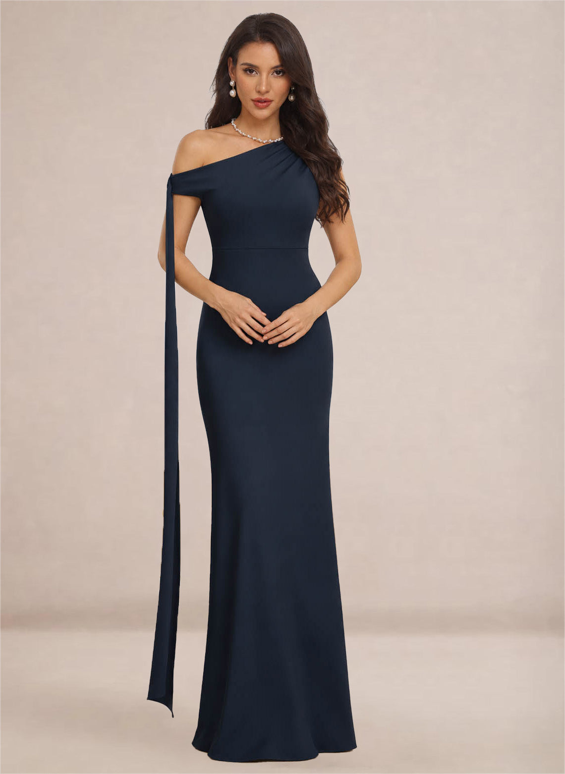 Navy One Shoulder Sheath Stretch Satin Bridesmaid Dresses for Wedding 3