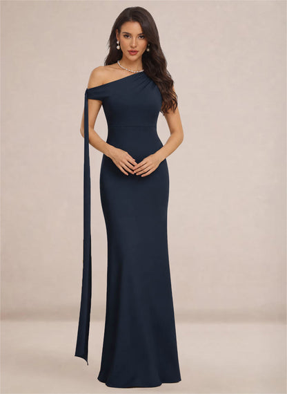 Navy One Shoulder Sheath Stretch Satin Bridesmaid Dresses for Wedding 3