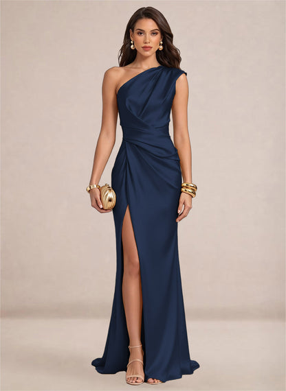 Satin One Shoulder Ruffles Mermaid Maxi Dress with Slit