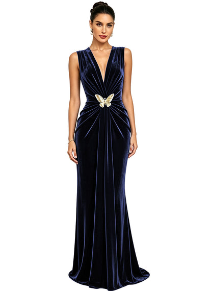 Women's Velvet V Neck Mermaid Formal Wedding Guest Dress