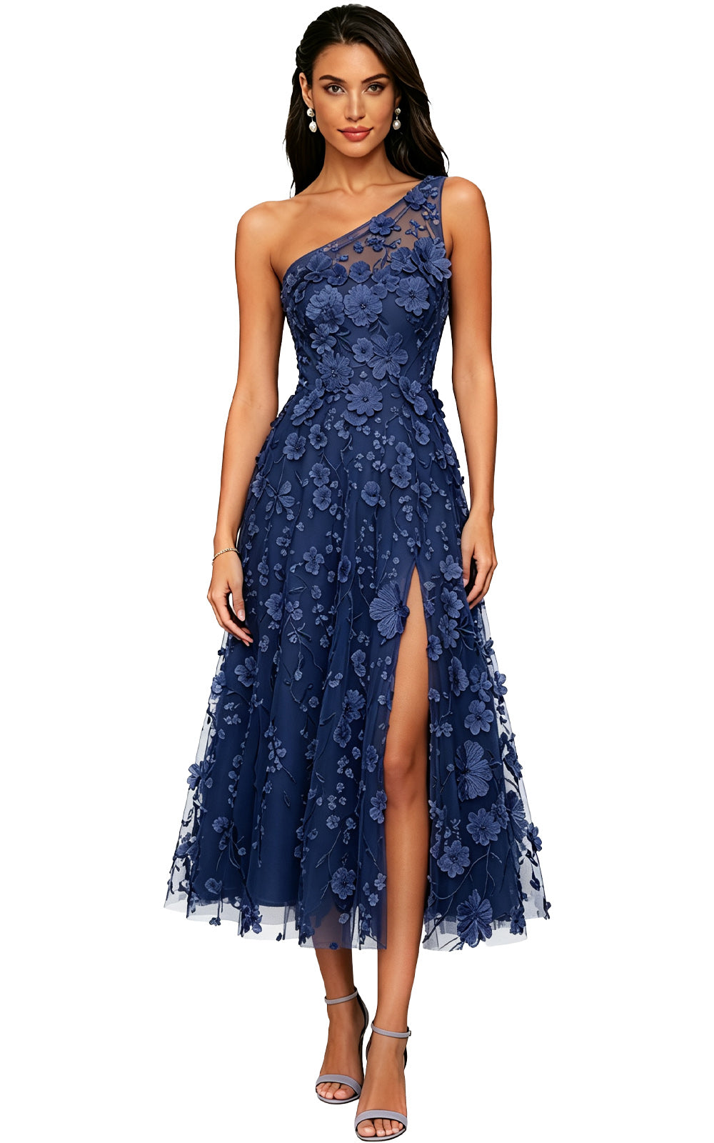 Floral Appliqued One Shoulder Long Formal Dress