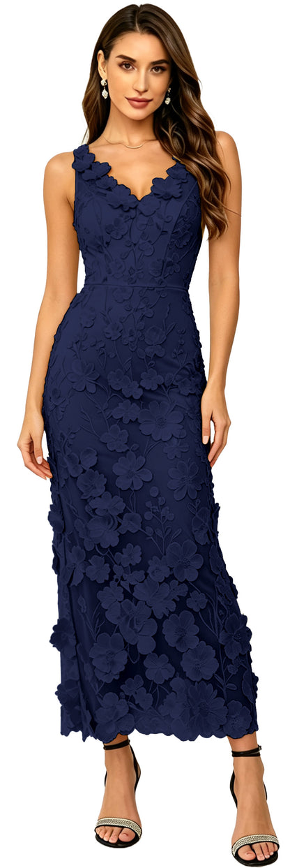 Floral Appliqued V Neck Long Formal Dress