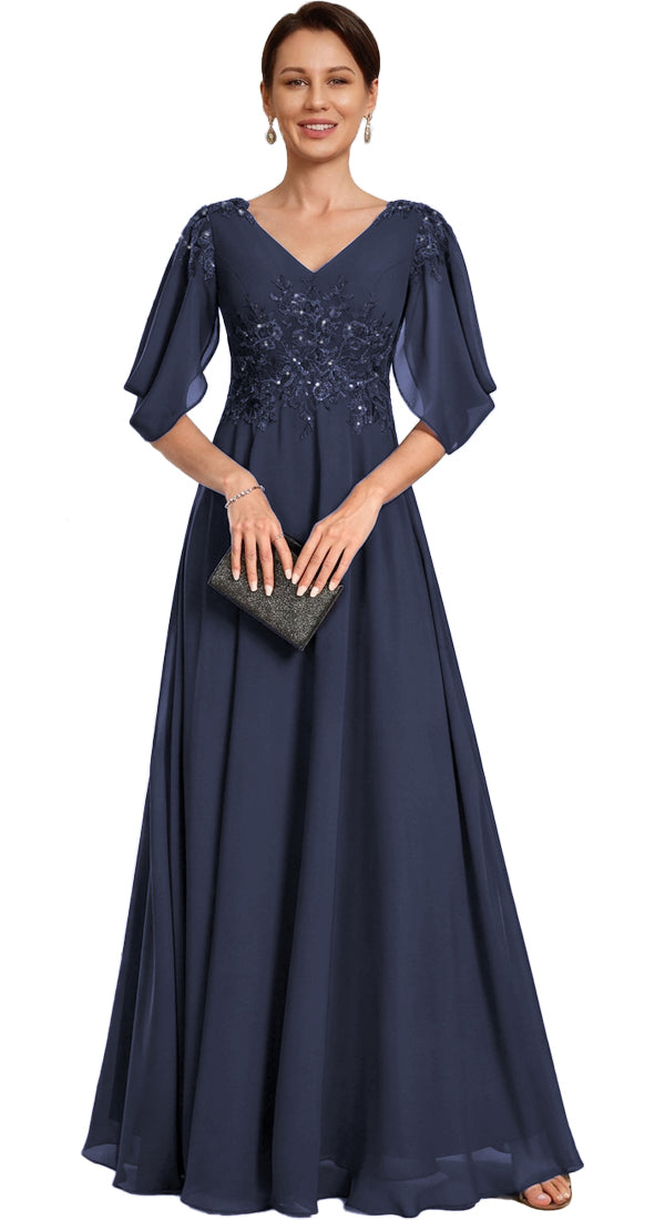 V Neck Chiffon A Line Sequin Lace Dress