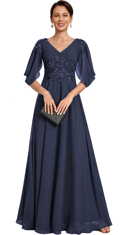 V Neck Chiffon A Line Sequin Lace Dress