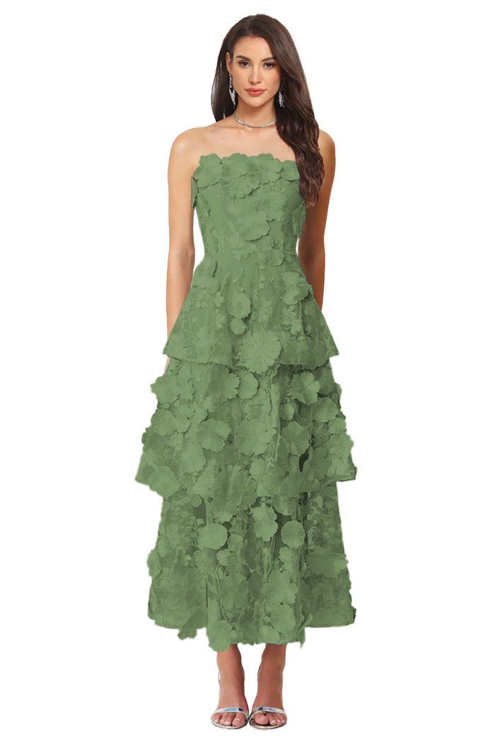 Floral Appliqued Tea Length Formal Wedding Guest Dress