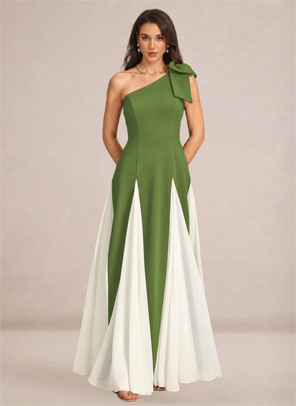 Satin One Shoulder A-line Patchwork Maxi Dress
