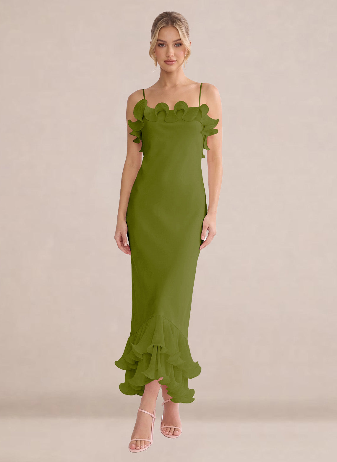 Ruffles Chiffon Layer Midi Formal Wedding Guest Dresses
