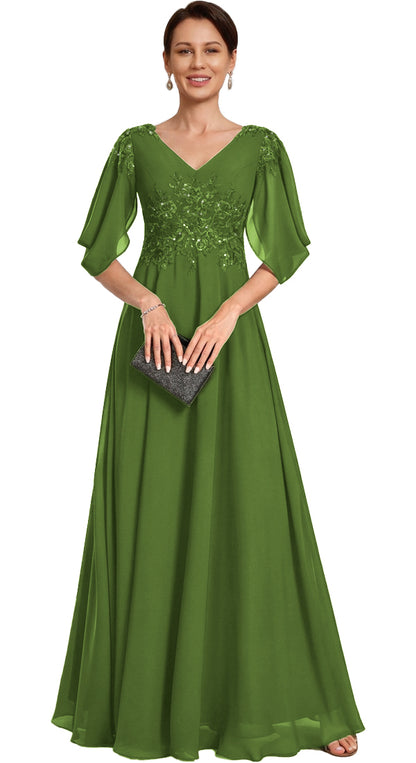 V Neck Chiffon A Line Sequin Lace Dress