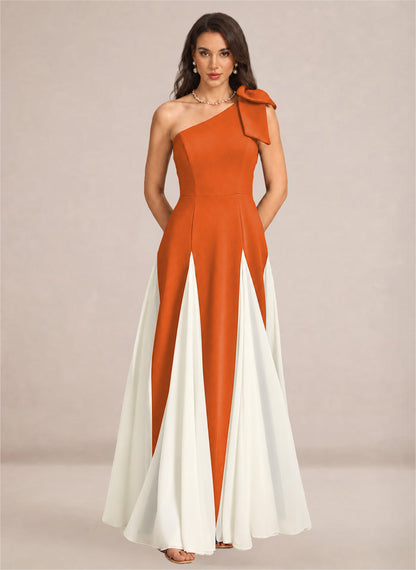 Satin One Shoulder A-line Patchwork Maxi Dress