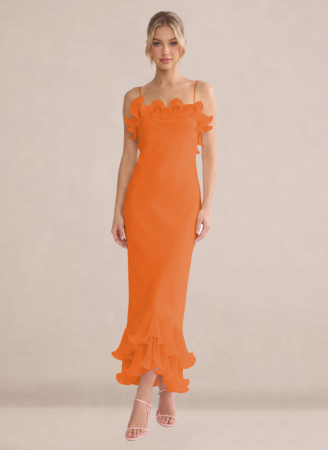 Ruffles Chiffon Layer Midi Formal Wedding Guest Dresses