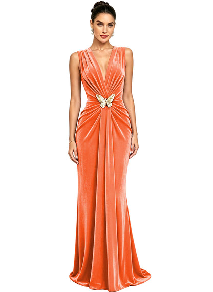 Women's Velvet V Neck Mermaid Formal Wedding Guest Dress