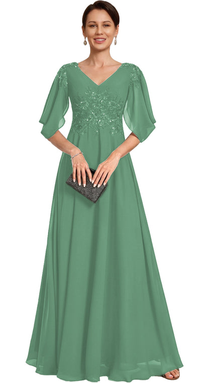 V Neck Chiffon A Line Sequin Lace Dress