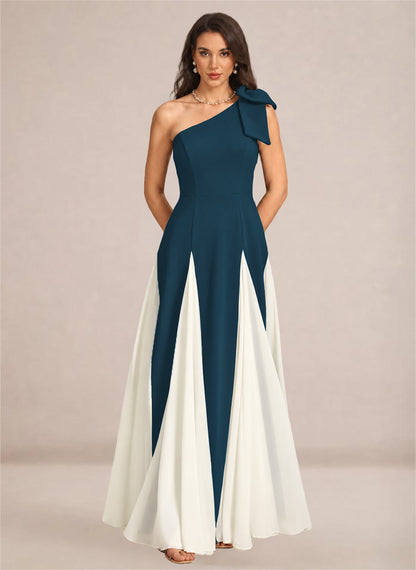 Satin One Shoulder A-line Patchwork Maxi Dress
