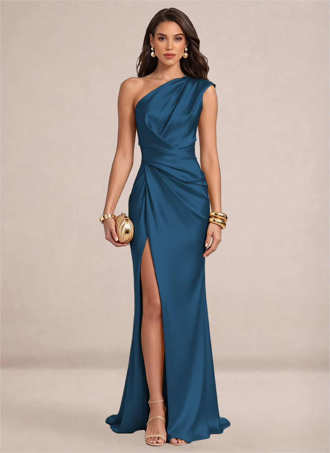 Satin One Shoulder Ruffles Mermaid Maxi Dress with Slit