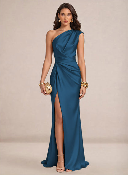 Satin One Shoulder Ruffles Mermaid Maxi Dress with Slit