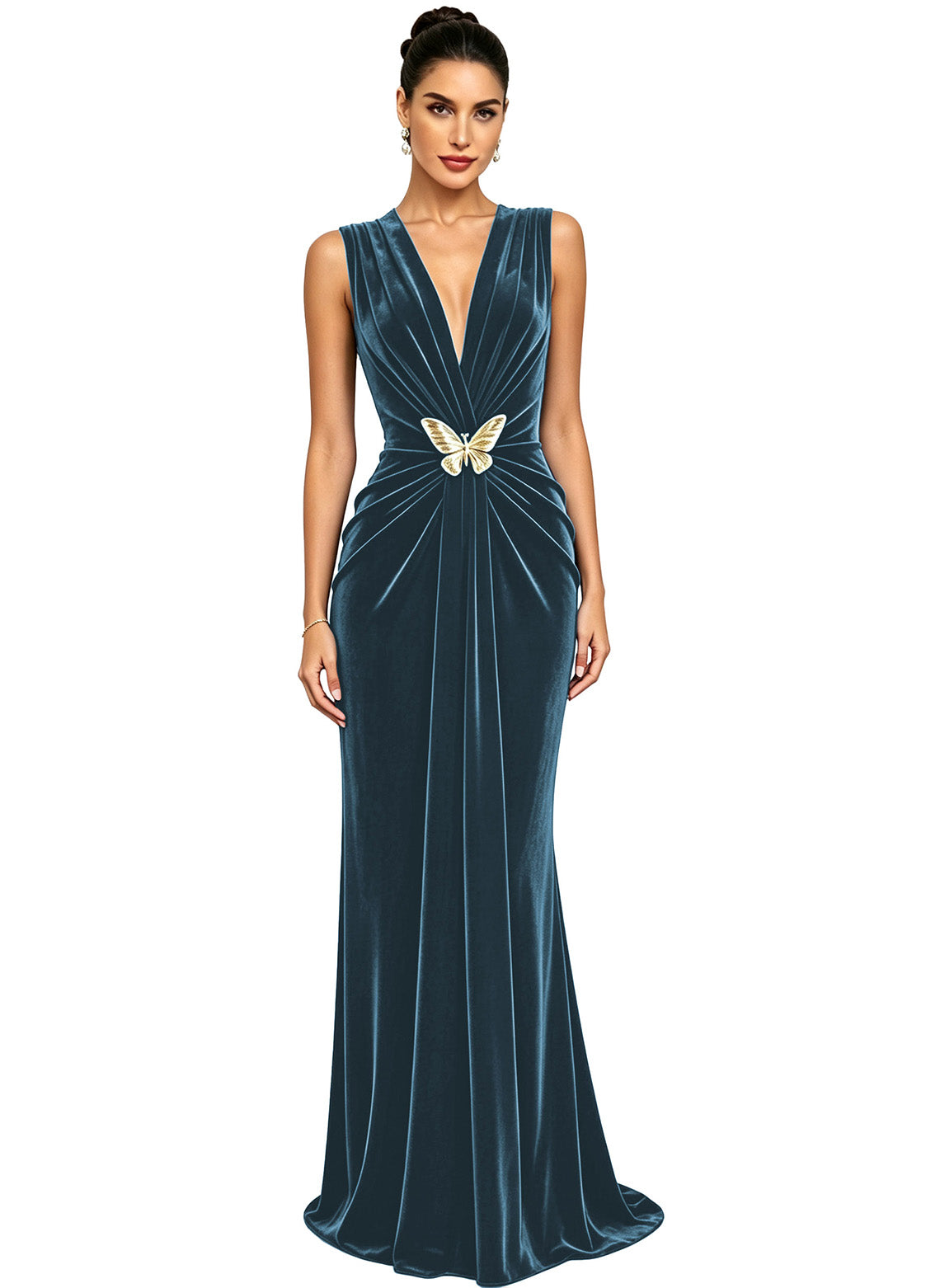 Women's Velvet V Neck Mermaid Formal Wedding Guest Dress