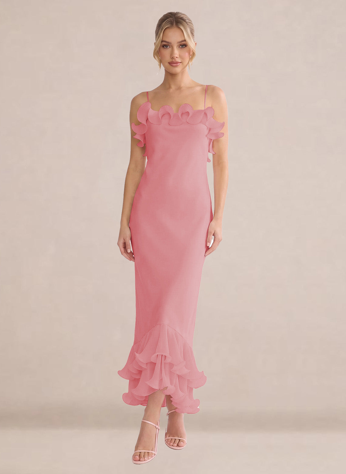 Ruffles Chiffon Layer Midi Formal Wedding Guest Dresses