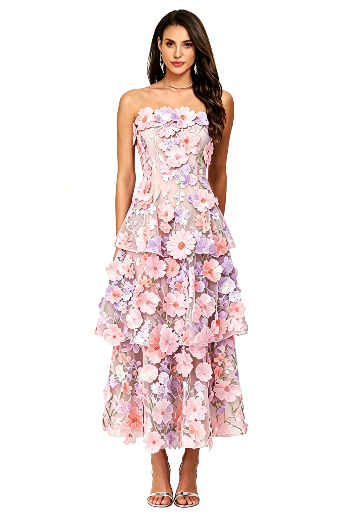 Floral Appliqued Tea Length Formal Wedding Guest Dress
