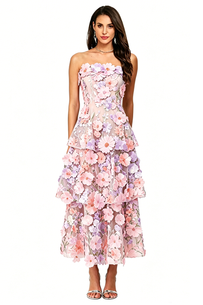 Floral Appliqued Tea Length Formal Wedding Guest Dress