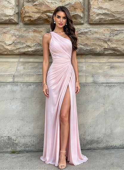 Women's Chiffon Pleated One Shoulder Prom Dress with Slit Pink 4