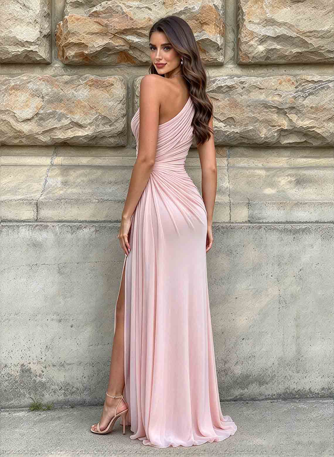 Women's Chiffon Pleated One Shoulder Prom Dress with Slit Pink 2