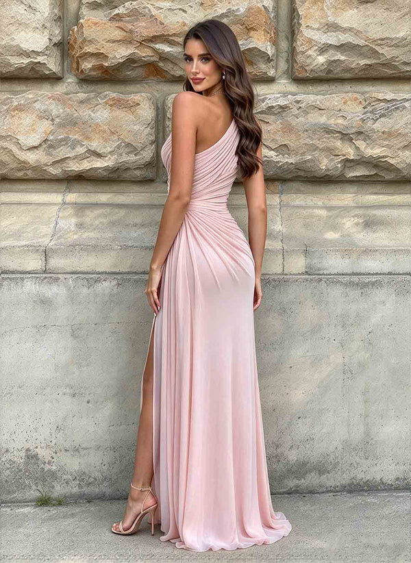 Women's Chiffon Pleated One Shoulder Prom Dress with Slit Pink 2