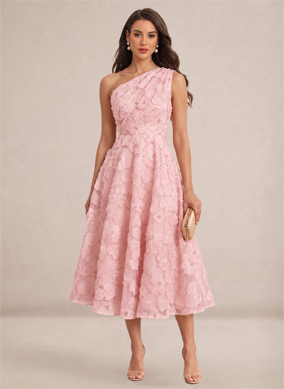 Floral One Shoulder A-line Midi Formal Wedding Guest Dresses