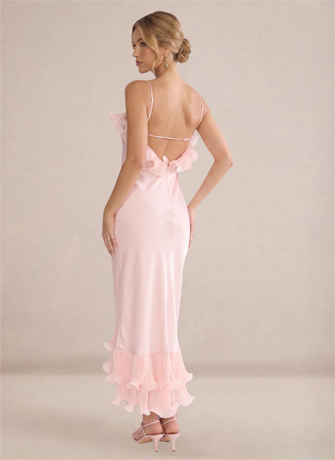 Women's Pink Ruffles Chiffon Backless Formal Wedding Guest Dress 1